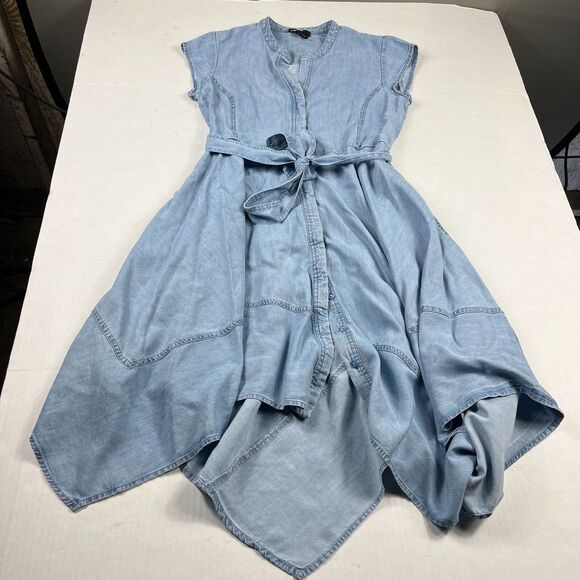 DKNY Cap Short Sleeve Chambray Dress Size 2 Blue Belted Asymmetrical Hem Midi - Picture 1 of 11